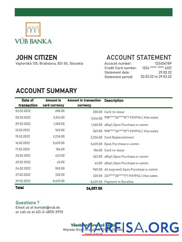 Blank Slovakia VUB bank statement excel real example